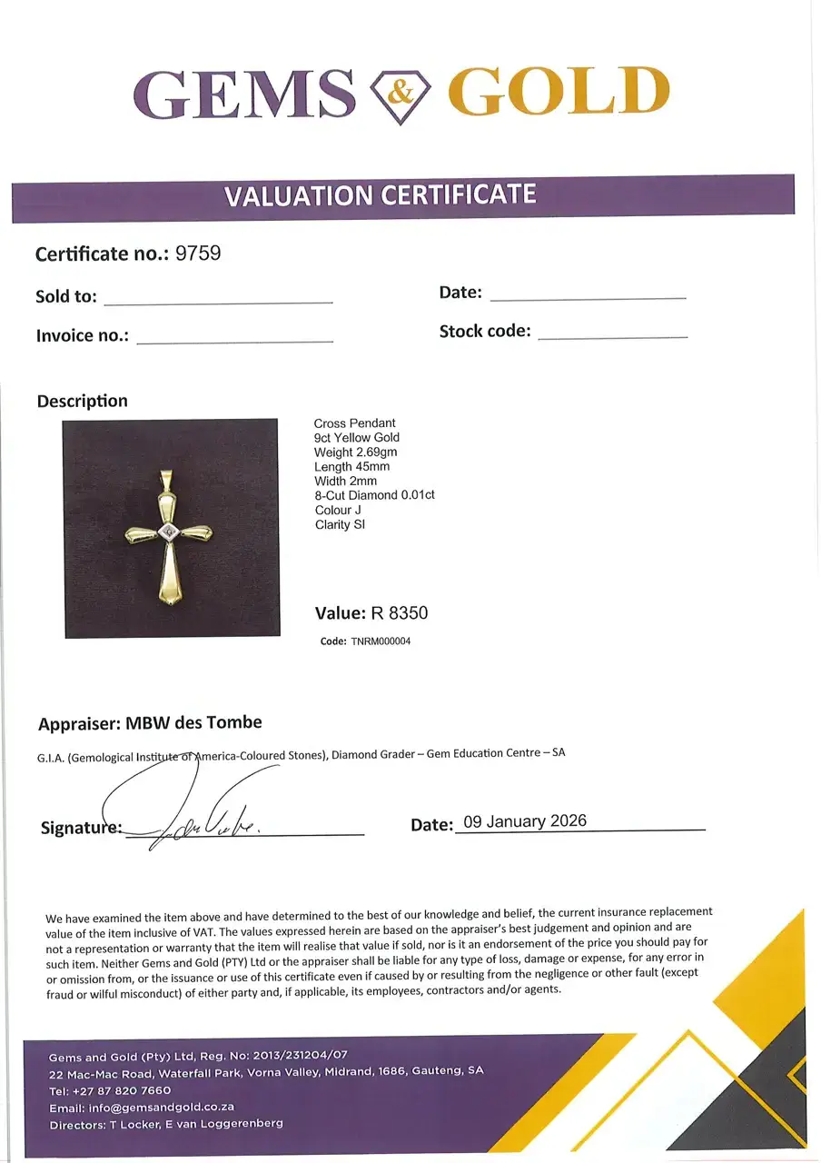 9ct Yellow Gold Cross Pendant  - Thumbnail 2