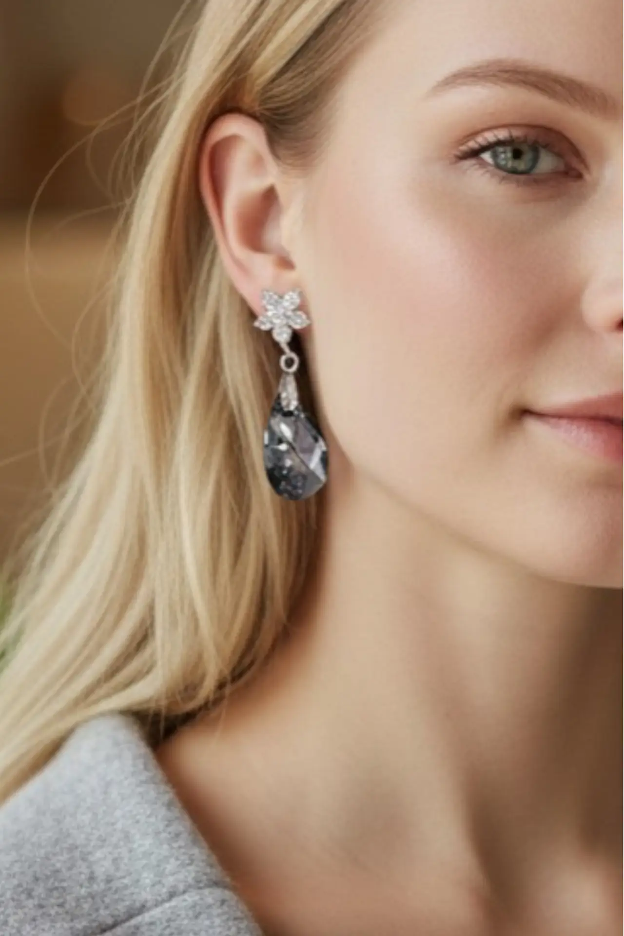 Silver Pave Flower Tdrop Black M12741 Ladies Earring - Thumbnail 1